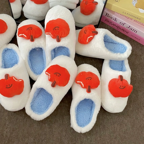 Plush Slippers Faux Fur Winter Warm Indoor House Shoes Cartoon Apple Leopard Print Soft Rubber Sole Anti Slip Round Toe