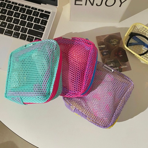 Nylon Mesh Makeup Bag Breathable Zippered Cosmetic Storage Pouch For Travel Home Organization Square Portable Colorful