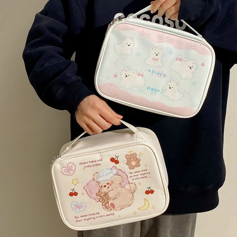 Süße Cartoon Print PU Leder Kosmetiktasche Große Kapazität Tragbare Kosmetikkoffer Mit Griff Reise Toilettenartikel Organizer