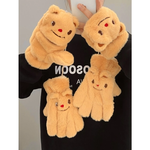 Guanti Senza Dita Con Patta Ricamo Orso Cartone Animato Peluche Pelliccia Sintetica Inverno Caldo Donne Studenti Scrittura