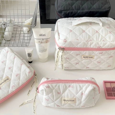 Gesteppte Baumwolle Kosmetiktasche Große Kapazität Reise Kosmetikbeutel Schleife Blumenmuster Ästhetischer Tragbarer Organizer
