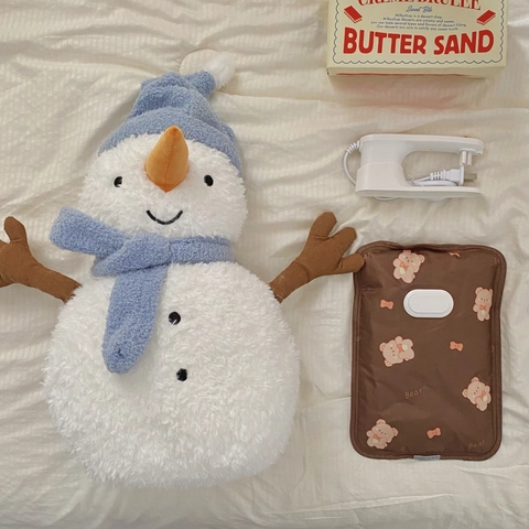 Rechargeable Electric Hot Water Bottle Plush Snowman Cover Winter Hand Warmer Cozy Bed Warmer For Cold Weather