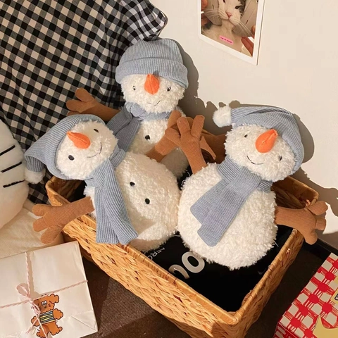 Sammy Snowman Plush Toy Soft Stuffed Doll With Knitted Blue Hat And Scarf For Christmas Holiday Winter Home Decor Gift