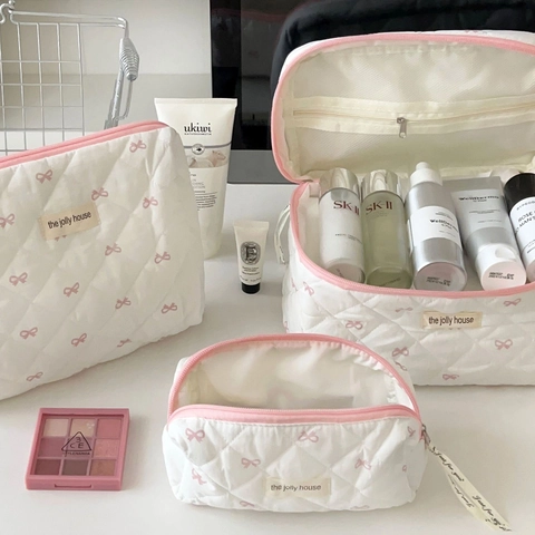 Gesteppte Baumwolle Kosmetiktasche Große Kapazität Reise Kosmetikbeutel Schleife Blumenmuster Ästhetischer Tragbarer Organizer