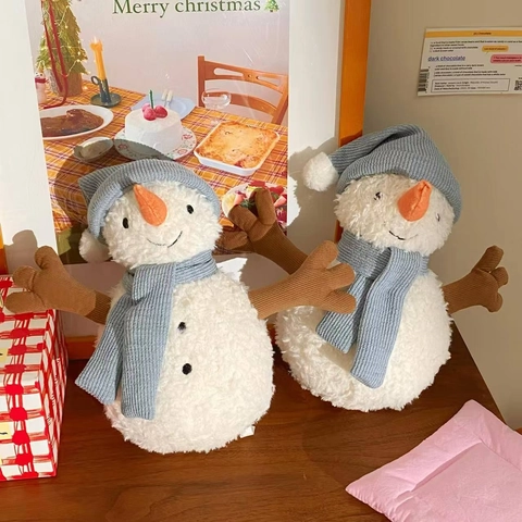 Sammy Snowman Plush Toy Soft Stuffed Doll With Knitted Blue Hat And Scarf For Christmas Holiday Winter Home Decor Gift