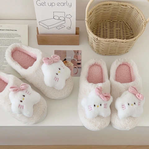 Plush Slippers Faux Fur Warm Anti-Slip Indoor Home Cartoon Animal Cat Star Apple Women Men Adult Thick Sole Comfort
