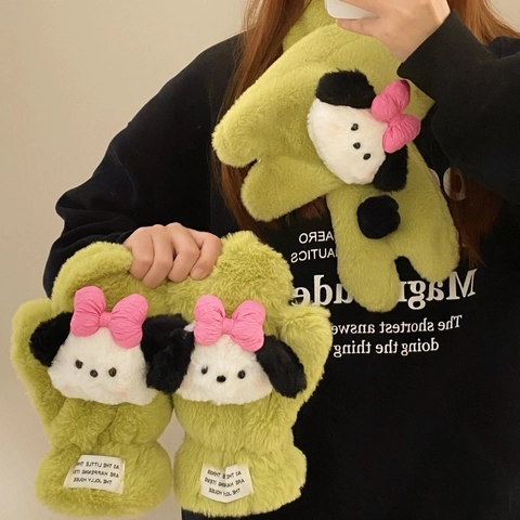 Gants D'hiver En Peluche Et Écharpe Polaire Chaude Corde De Cou Animal De Dessin Animé Extérieur Doux Kawaii Pour Femmes Filles