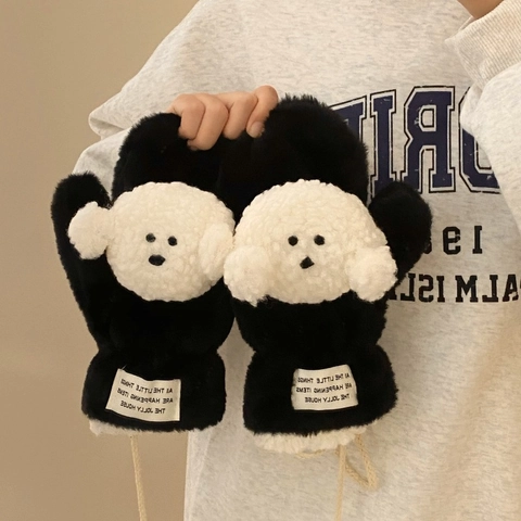 Gants Thermiques En Peluche Chien Dessin Animé Et Écharpe Croisée Hiver Chaud Coupe-vent Cyclisme Extérieur Accessoire