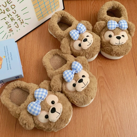 Plush House Slippers Women Cute Cartoon Bear Bow Warm Thick Sole Anti Slip Indoor Winter Soft Fuzzy Home Shoes