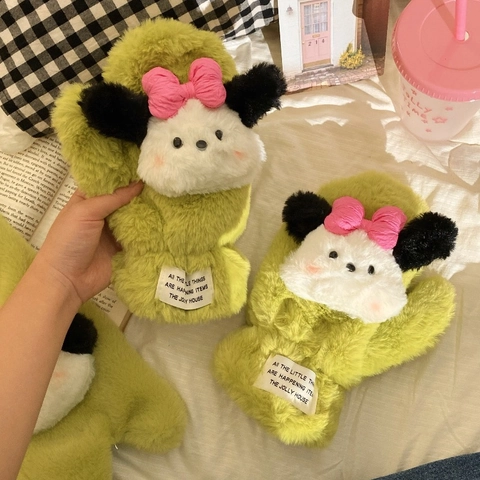 Gants D'hiver En Peluche Et Écharpe Polaire Chaude Corde De Cou Animal De Dessin Animé Extérieur Doux Kawaii Pour Femmes Filles