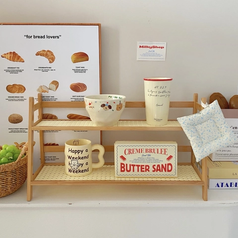 Tiered Desktop Storage Rack Bamboo Wood Organizer Cream Style Vintage Multi-Functional Kitchen Cup Holder