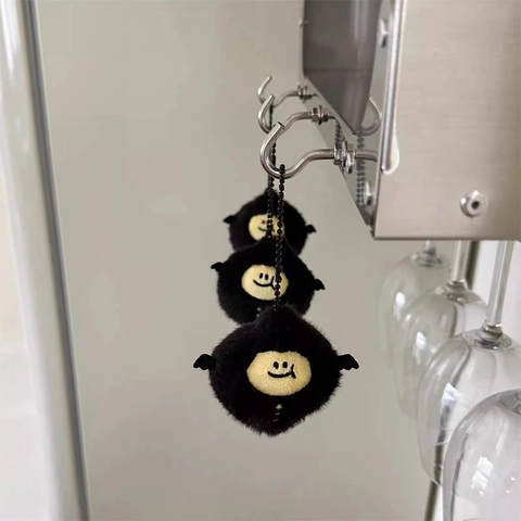 Devil Lemon Plush Keychain Soft Furry Monster Bag Charm With Black Bead Chain Cute Embroidery For Backpack Accessory
