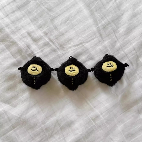Devil Lemon Plush Keychain Soft Furry Monster Bag Charm With Black Bead Chain Cute Embroidery For Backpack Accessory