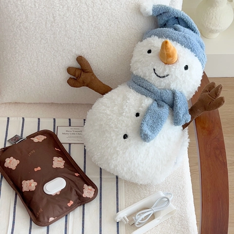 Snowman Plush Electric Hot Water Bottle Rechargeable Cartoon Hand Warmer Winter Warmth Soft Cover Blue Hat Design