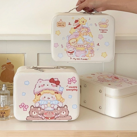 Draagbare Make-up Koffer PU Leer Grote Capaciteit Cosmetische Organizer Met Spiegel Cartoon Dierenpatroon Reistas