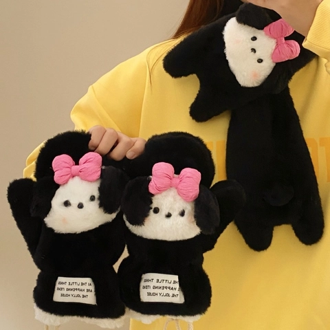 Plüschschal Und Handschuhe Winter Warm Verdickt Winddicht Cartoon Welpe Schleife Outdoor Kälteschutz Für Damen