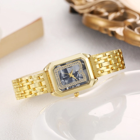 Women Quartz Watch Rectangular Gold Alloy Strap Rhinestone Encrusted Marble Dial Elegant Fashion Analog Wristwatch