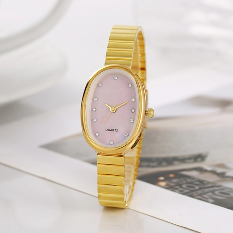 Women Quartz Watch Alloy Oval Case Rhinestone Hour Markers Metal Expandable Strap Elegant Fashion Wristwatch