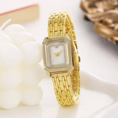 Women Quartz Watch Rectangular Gold Alloy Strap Rhinestone Encrusted Marble Dial Elegant Fashion Analog Wristwatch
