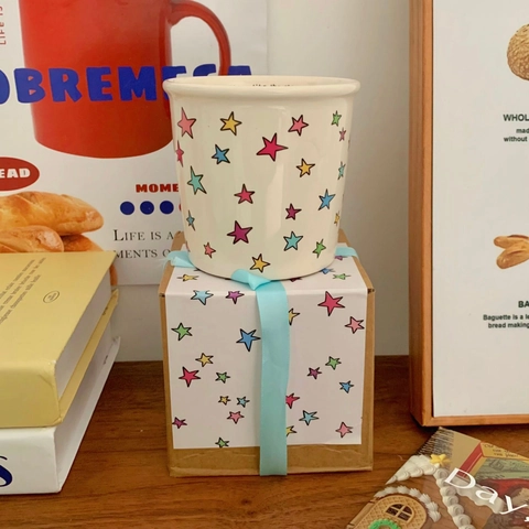 Keramiktasse Bunte Sterne Cartoon Katze Kaffeetasse Porzellan Trinkbecher Für Zuhause Büro Geschenk