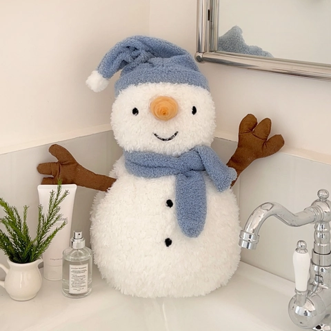 Snowman Plush Electric Hot Water Bottle Rechargeable Cartoon Hand Warmer Winter Warmth Soft Cover Blue Hat Design