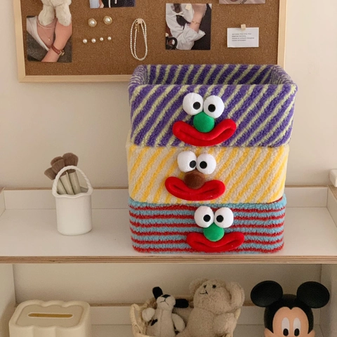 Cartoon Monster Desktop Storage Basket Sherpa Fleece Striped Pattern Soft Felt Bin For Jewelry Cosmetics Home Organization