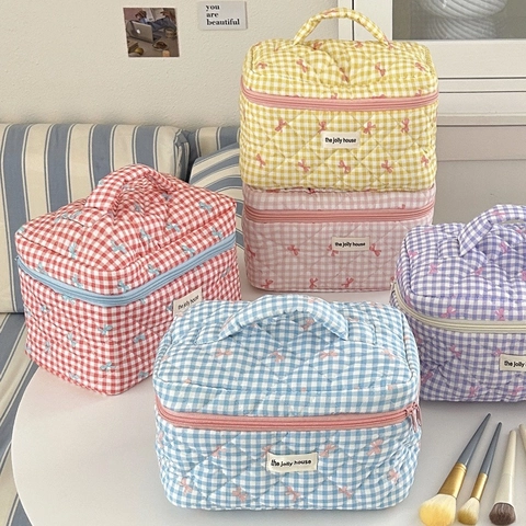 Quilted Cotton Makeup Bag Plaid Checkered Pattern Bow Sweet Style Travel Cosmetic Storage Case With Portable Handle
