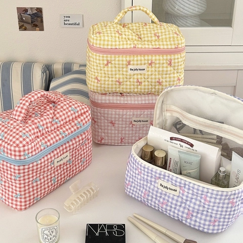 Quilted Cotton Makeup Bag Plaid Checkered Pattern Bow Sweet Style Travel Cosmetic Storage Case With Portable Handle