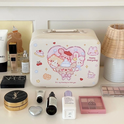 Draagbare Make-up Koffer PU Leer Grote Capaciteit Cosmetische Organizer Met Spiegel Cartoon Dierenpatroon Reistas