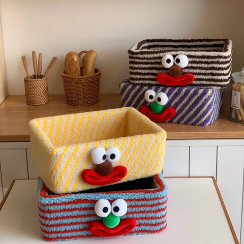 Cartoon Monster Desktop Storage Basket Sherpa Fleece Striped Pattern Soft Felt Bin For Jewelry Cosmetics Home Organization