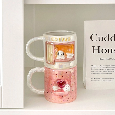 Ceramic Coffee Mug 3D Relief Cartoon Puppy Heart Artificial Pearl Glaze Twisted Handle High Temperature Resistant Ins Style Novelty