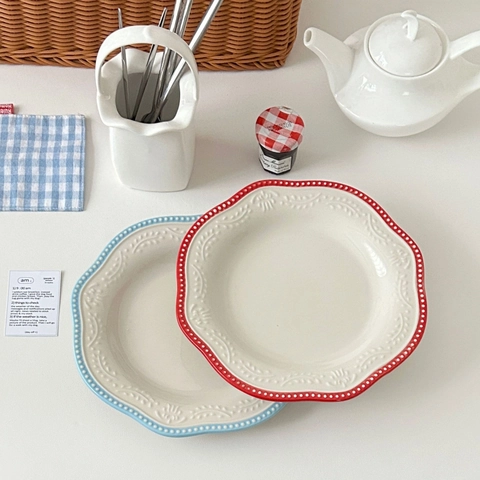 Plato De Cena De Cerámica Festoneado Vintage Francés Relieve Floral Postre Desayuno Vajilla Plato Redondo Ensalada