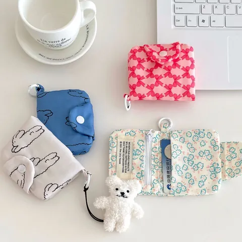 Mini Münzbörse Kartenhalter Canvas Corduroy Faltbar Knopfverschluss Mit Aufhängeschlaufe Süße Schleife Floral Tragbar
