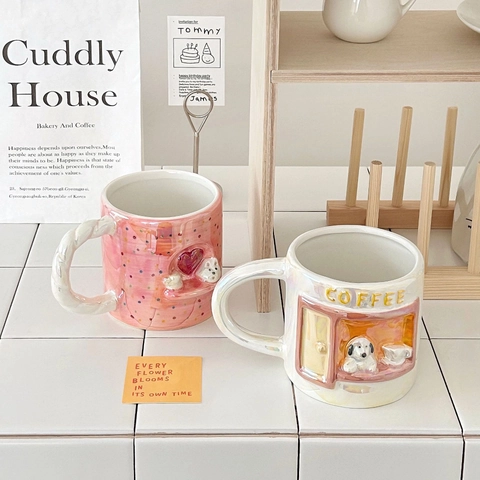 Ceramic Coffee Mug 3D Relief Cartoon Puppy Heart Artificial Pearl Glaze Twisted Handle High Temperature Resistant Ins Style Novelty