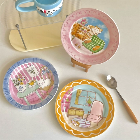 Piatto Da Cena Ceramica Simpatico Gatto Cartone Animato Dipinto A Mano Dessert Insalata Colazione Tavola Decorativo