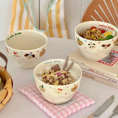 Ceramic Bowl Plate Irregular Hand-Pinched Cartoon Animal Cream Glazed Microwave Safe Cute Ins Korean Style Tableware