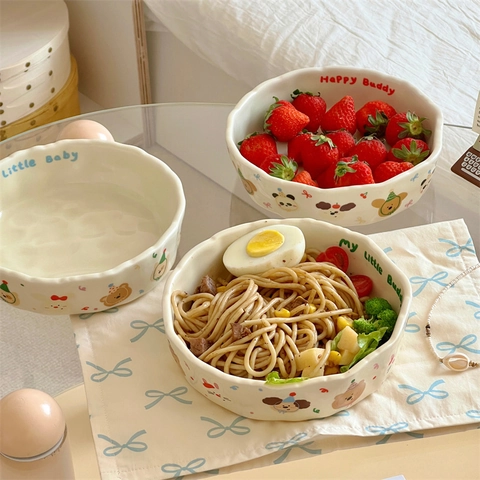 Lindo Tazón Plato De Cerámica Animales Dibujos Animados Borde Ondulado Irregular Mate Ensalada Pasta Postre Estilo Ins