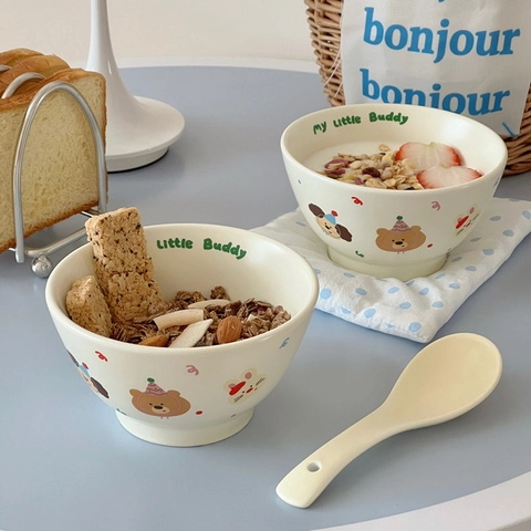 Keramikschale Süßes Cartoon Tierdruck Unregelmäßige Handgekniffene Geschirr Für Frühstück Dessert Reis Suppe Ins Stil