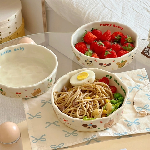 Cute Cartoon Animal Ceramic Bowl Plate Hand Pinched Irregular Wavy Edge Matte Salad Pasta Dessert Bowl Ins Style