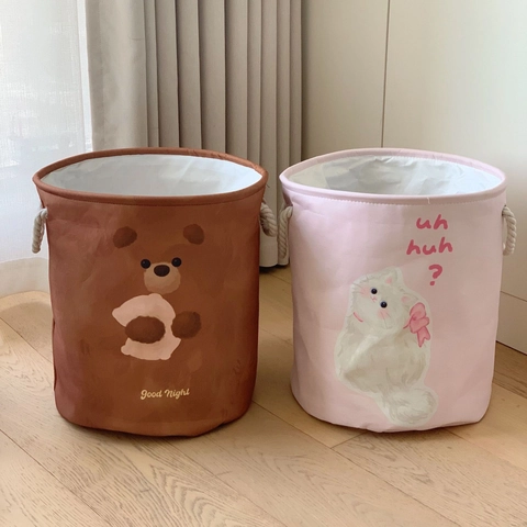 Cartoon Laundry Basket Large Capacity Foldable Cotton Linen Storage Bin With Rope Handles For Clothes Toys Nursery Bathroom