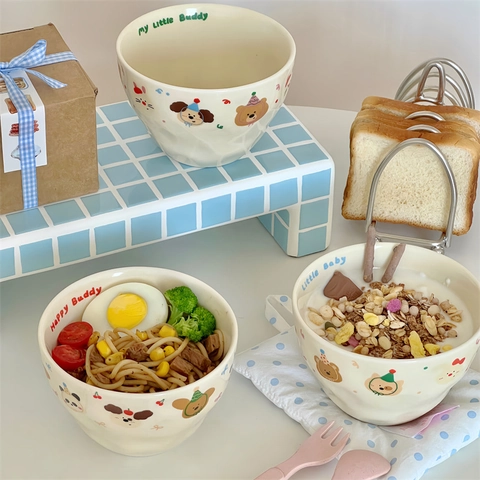 Ceramic Bowl Plate Irregular Hand-Pinched Cartoon Animal Cream Glazed Microwave Safe Cute Ins Korean Style Tableware