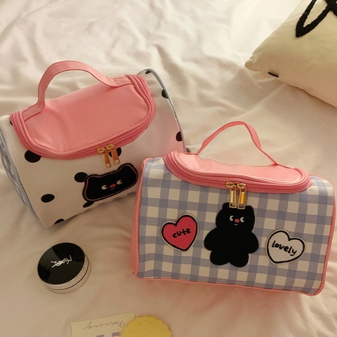 Große Kosmetiktasche PU Leder Reise Make-up Koffer Süße Katze Kariert Gepunktet Handheld Organizer Für Damen