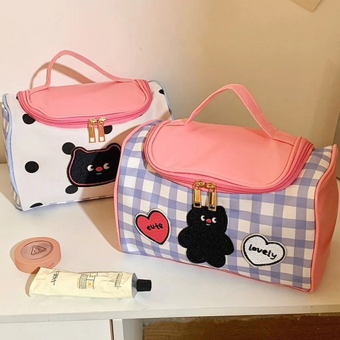 Große Kosmetiktasche PU Leder Reise Make-up Koffer Süße Katze Kariert Gepunktet Handheld Organizer Für Damen