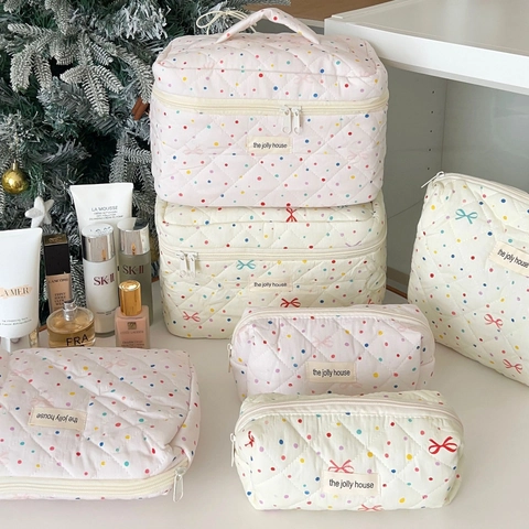 Gesteppte Baumwolle Kosmetiktasche Polka Dot Bogen Reise Kulturbeutel Tragbare Make-up Aufbewahrungstasche Florales Tiermuster