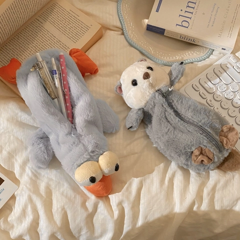Cute Animal Plush Pencil Case Large Capacity Otter Platypus Shark Cartoon Stationery Pouch For Students Kids