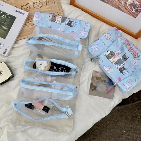Nylon Mesh Detachable Cosmetic Bag Cute Cartoon Puppy Print Portable Travel Toiletry Wash Bag Multiple Compartments