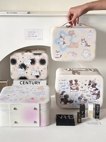 Cute Cartoon Animal Print Makeup Box Large Capacity Portable PU Leather Cosmetic Case With Mirror Travel Organizer