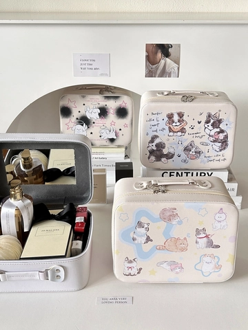 Cute Cartoon Animal Print Makeup Box Large Capacity Portable PU Leather Cosmetic Case With Mirror Travel Organizer