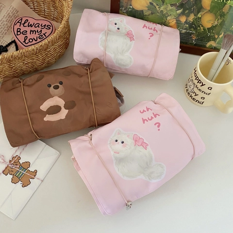 Detachable Multi Layer Makeup Bag Nylon Mesh Roll Up Portable Travel Toiletry Storage Pouch Cartoon Animal Pattern For Women