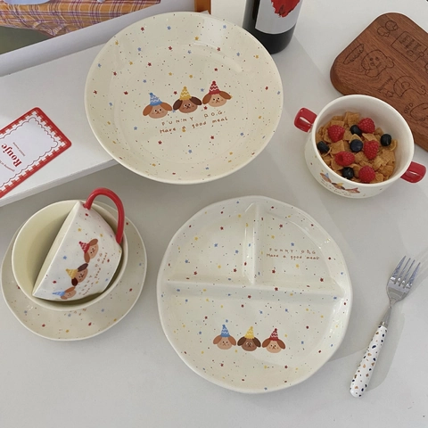 Stoviglie In Ceramica Motivo Cane Cartone Animato Piatto Diviso Ciotola Di Riso Stile Coreano Carino Colazione Casa
